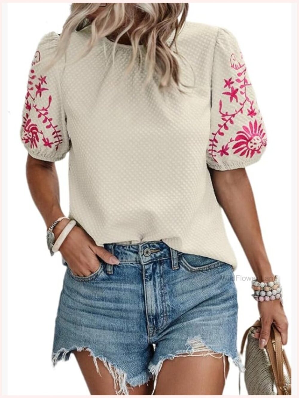 Floral Embroidered Puff Short Sleeve Blouse Crewneck Casual Loose Fit Top